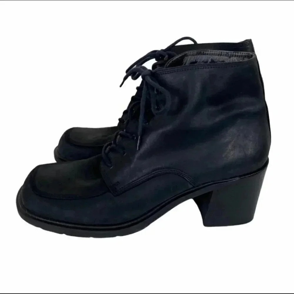 Enzo Angiolini Black‎ Leather Lace Up Ankle Boots Square Toe Block Heel Grunge